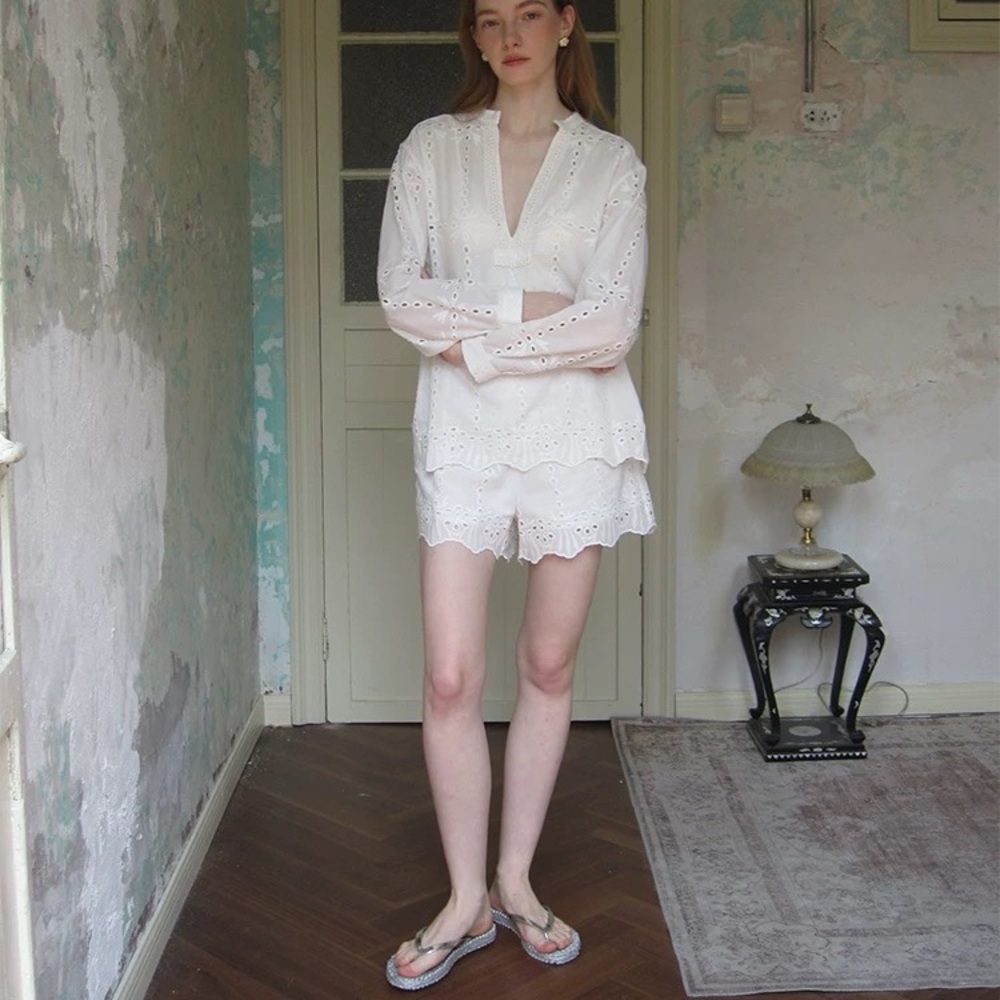 eyelet embroidery v neck lace see through blouse and matching shorts set